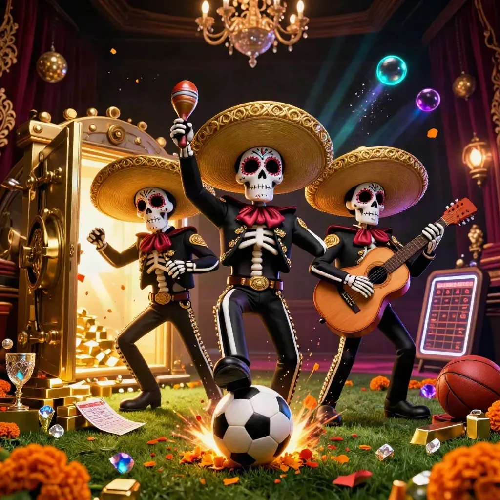 Skeleton mariachi trio, gold vault burst, soccer ball, jewels, neon casino glow.