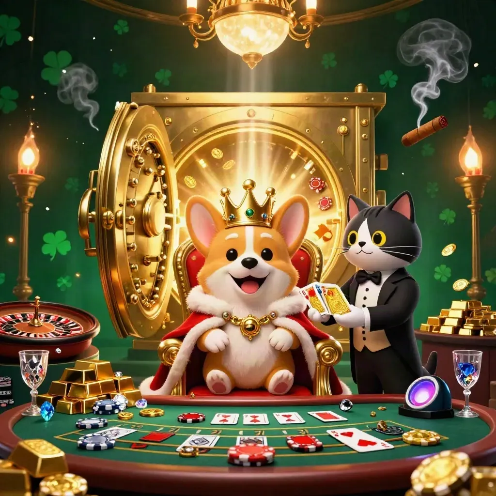 Royal corgi and cat butler amid vault gold, spinning roulette, and casino light