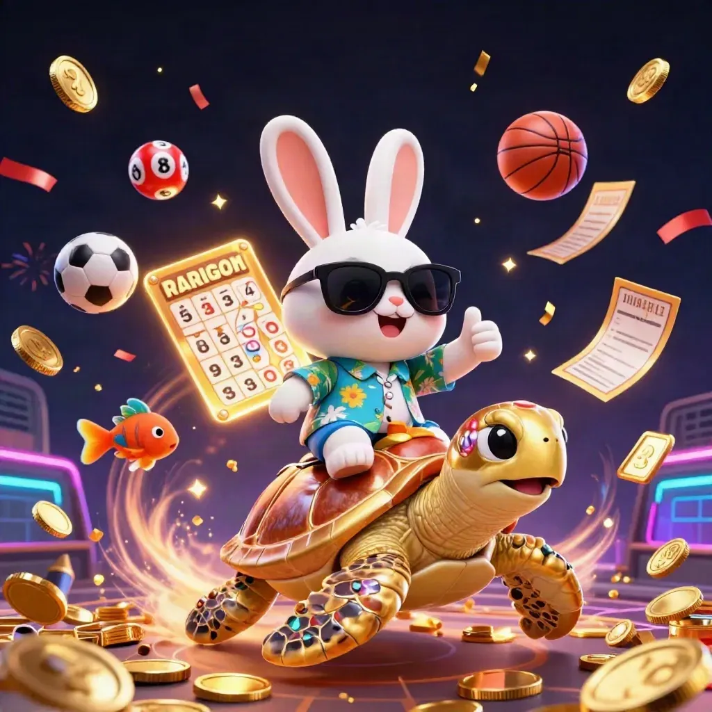 Lucky rabbit on a golden sea turtle amid coins, lottery balls, fireworks, and casino glow.