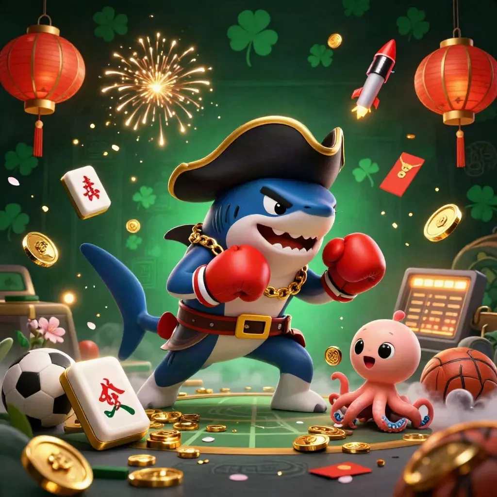 Shark pirate, pufferfish, and octopus amid bursting coins, fireworks, lanterns, and casino props.