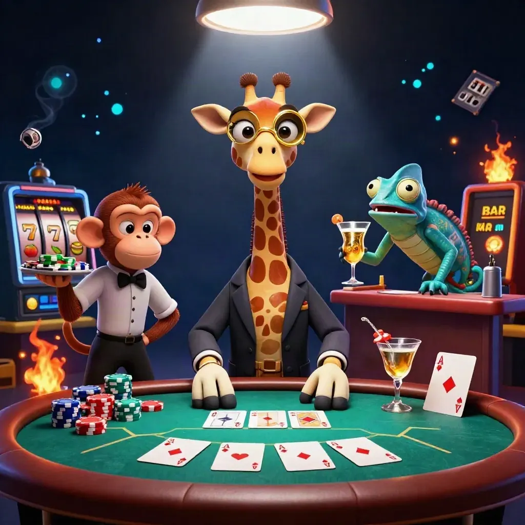 Giraffe, monkey, and chameleon at a luxe casino poker table with chips, aces, and glowing reels.