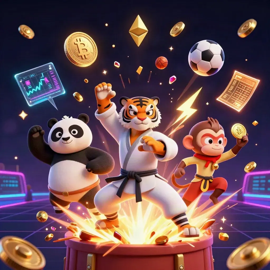 Tiger, panda, and monkey celebrate in a vault burst with coins, neon casino tech, and fireworks.