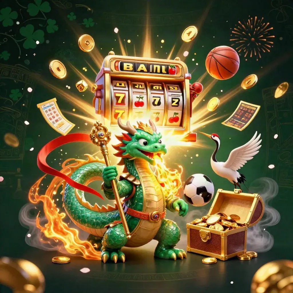 Dragon, turtle sage, and cranes amid coins, fireworks, and a jackpot vault
